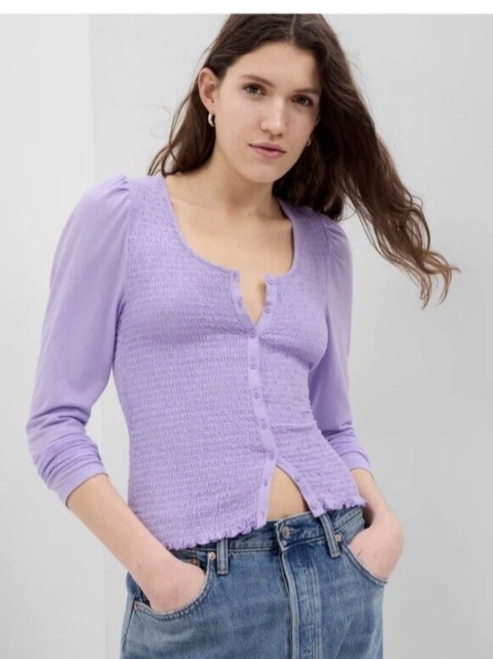GAP Featherweight Smocked Button-Front Top Purple Lotus NWOT Medium